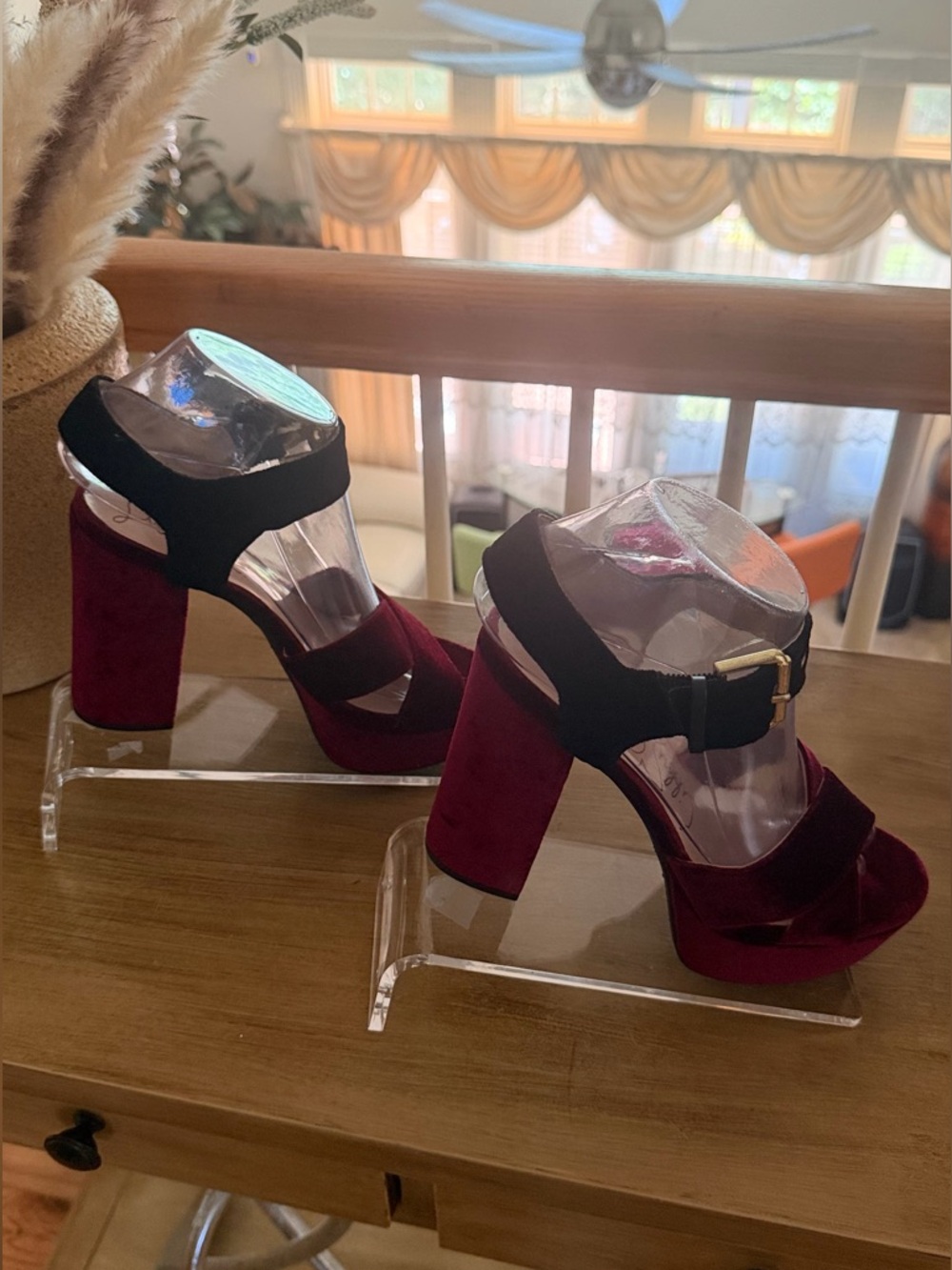 Libby. edelman Burgundy and Black Velvet Platform Block Heel Sandals - Picture 16 of 16